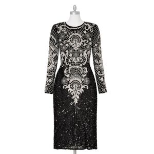 Vintage 1980s Art Deco Lillie Rubin Black & White Silk Bead Sequin Long Dress